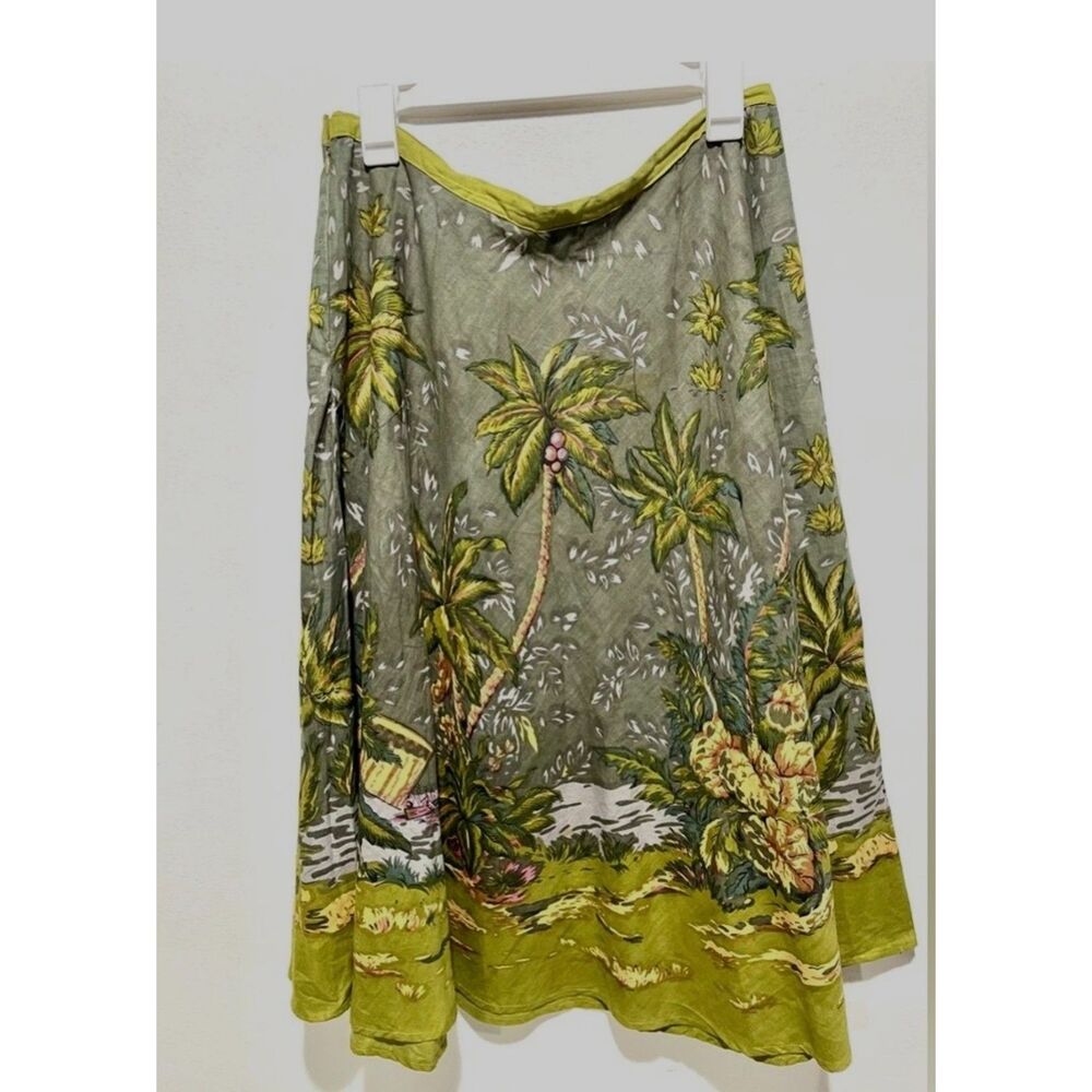 Cassee's midi skirt olive green tropical fall palms novelty print casual women L